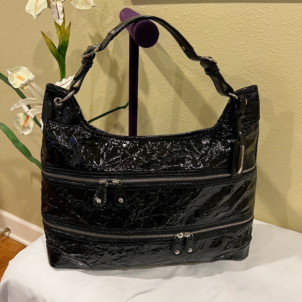 Via Spiga Black Crinkled Patent Leather Tote Shoulder Handbag EUC
